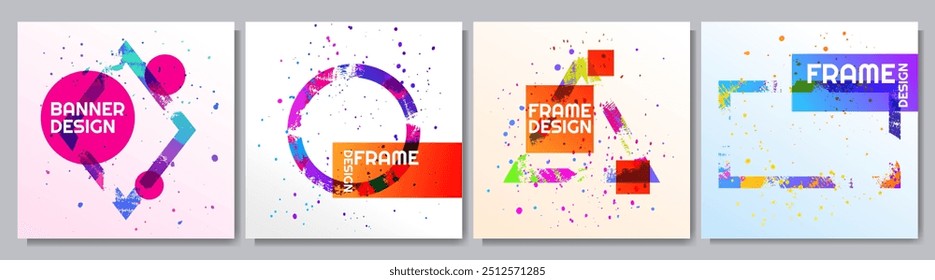 Vektorgrafik. Moderne Grafiken. Dynamischer Rahmen stylisch geometrischen hellen Hintergrund. Element für Design-Event-Einladungen, Geschenkkarten, Cover, Web-Banner. Farbiges Farbspritzkonzept.