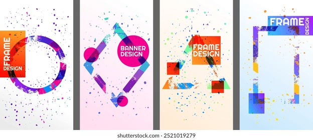 Vector illustration. Modern Art graphics. Ink paint splash. Brush stroke border figures. Colorful ynamic frame stylish geometric bright background. Element for design flyer, voucher, coupon, leaflet