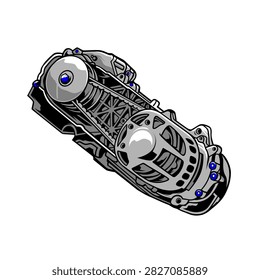 Vector illustration of a modern automatic scooter transmission box or crankcase cover, featuring pulleys, a drive belt, cooling vents, and metallic bolts with blue accents, isolated on a white background. This technical and clean graphic is perfect for motorcycle mechanics, scooter tuning themes, automotive parts, and engineering projects.