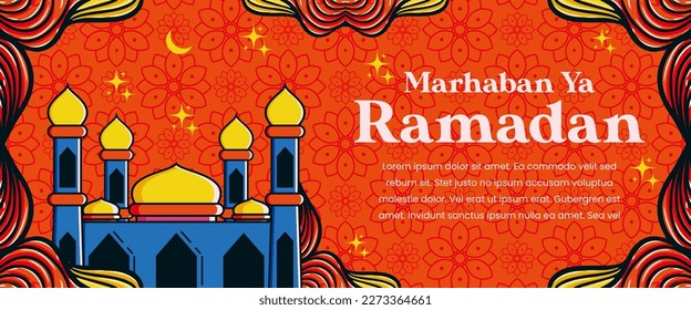 vector illustration of modern banner background with Islamic theme to celebrate the month of Ramadan.with mosque illustration