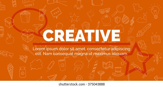Vector Illustration Modern Banner for Design and Creative Work, Creative text on orange background with different objects
