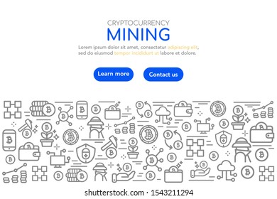 Vector illustration modern banner with elements in thin line style. Mining, trading, exchange, blockchain, investment, digital money, finance, cryptocurrency. Landing page template