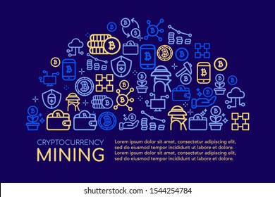 Vector illustration modern banner on dark blue background with elements in thin line style. Mining, trading, exchange, blockchain, investment, digital money, finance, cryptocurrency. Semicircle shape