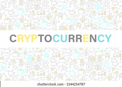 Vector illustration modern banner on white background with elements in thin line style. Mining, trading, exchange, blockchain, investment, digital money, finance, cryptocurrency.