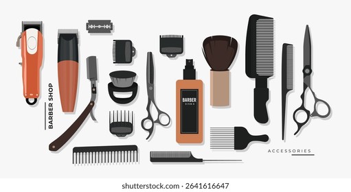 Vector illustration of modern barber tools including clipper, combs, scissors, razor, brush, and grooming products. Perfect for salon branding, barbershop decor, and hair styling themes