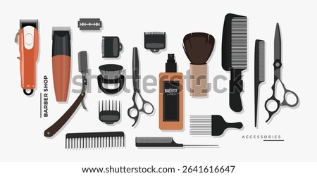 Vector illustration of modern barber tools including clipper, combs, scissors, razor, brush, and grooming products. Perfect for salon branding, barbershop decor, and hair styling themes