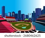 Vector illustration of a modern baseball stadium with city skyline in the background.