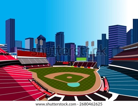 Vector illustration of a modern baseball stadium with city skyline in the background.
