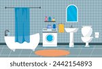Vector illustration of modern bathroom interior design. It features a bathtub, sink, washing machine, toilet and mirror, and a variety of bathroom accessories on shelves.