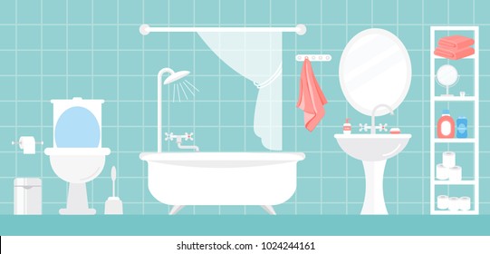 Vector illustration of modern bathroom interior in white and blue colors in flat cartoon style.
