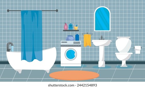 Vector illustration of modern bathroom interior design. It features a bathtub, sink, washing machine, toilet and mirror, and a variety of bathroom accessories on shelves.