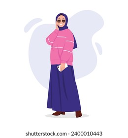 Ilustración vectorial de una bella joven musulmana moderna. Escena de caricatura de una sonriente chica de moda con gafas que usan hiyab, bufanda azul, suéter rosa, zapatos marrones, sosteniendo el teléfono en mano.