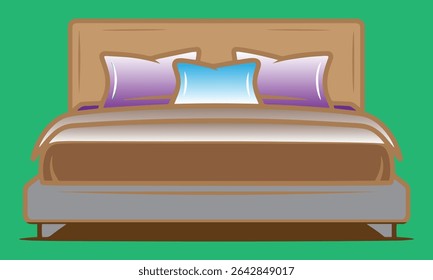 Vector illustration of a modern bed with pillows and bedding on a green background.