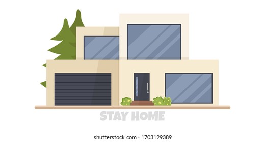 Vector illustration of modern big cottage house isolated. Concept idea of real estate in cartoon flat style. Design of residential building with huge windows and garage. Stay home for safe isolation