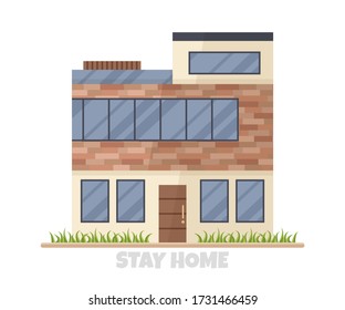Vector illustration of modern big cottage house isolated. Concept idea of real estate in cartoon flat style. Design of residential three-floor building with a lot of windows. Stay home for isolation