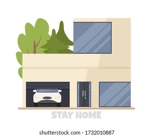 Vector illustration of modern big cottage house with car in garage isolated. Concept idea of real estate in cartoon flat style. Design of residential building with huge windows. Family condominium