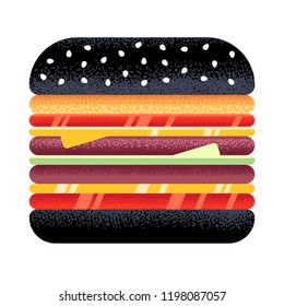 Vector illustration of modern black burger. Hand drawn, textured style. 