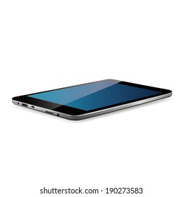 vector illustration of modern black lying tablet with a blue screen on a white background