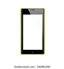 vector illustration of modern black mobile phone in a yellow frame on a white background
