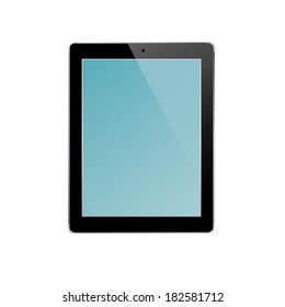 vector illustration of modern black tablet with blue screen and flare on white background