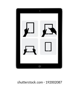 vector illustration of modern black tablet with hands inside on white background
