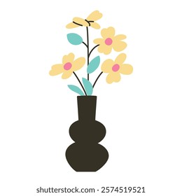 Vector illustration of modern black vase with yellow daisy flowers in flat cartoon style. Doodle icon perfect for home decor, floral design, minimalism, and interior themes, isolated colored clipart