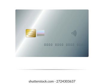 A vector illustration of a modern, blank silver credit card featuring an EMV chip and a contactless payment symbol. Ideal for designs related to finance, banking, online shopping, mobile payments, and secure digital transactions. The generic design makes it suitable for various applications without brand specificity, perfect for user interfaces, web design, or informational graphics.