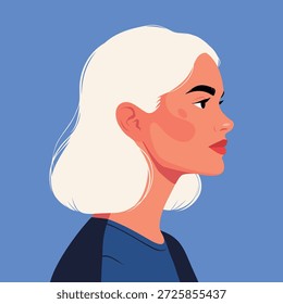 Una Ilustración vectorial del retrato de perfil de una mujer rubia moderna. Ella cuenta con un peinado bob, una cara hermosa y un fondo azul suave. Ideal para proyectos de belleza y moda, avatar de redes sociales