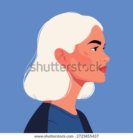 A vector illustration of a modern blond woman's profile portrait. She features a bob hairstyle, a beautiful face, and a soft blue background. Ideal for beauty and fashion projects, social media avatar