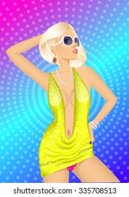 vector illustration of modern blonde dancer in blue dress and sunglasses posing on disco party