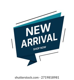 Ilustración vectorial de un moderno Anuncio de venta geométrica azul con texto de recién llegado y de la tienda ahora. Etiqueta promocional minimalista estilo origami para marketing minorista en línea, campañas publicitarias y anuncios de tiendas de Sitio web.