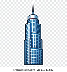 Vector illustration of a modern blue skyscraper building with a pointed spire, featuring a tiered design and numerous windows. Ideal for urban, business, or architectural themes.