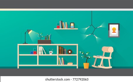 Vector Illustration. of modern Bookshelf with chair in wall green