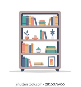 A vector illustration of a modern bookshelf featuring colorful books, indoor potted plants, and a small picture frame on multiple shelves.