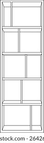 Vector illustration of a modern bookshelf outline with five shelves and multiple compartments. Perfect for architecture, interior design, furniture mockups, or home decor concepts.