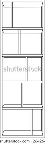 Vector illustration of a modern bookshelf outline with five shelves and multiple compartments. Perfect for architecture, interior design, furniture mockups, or home decor concepts.
