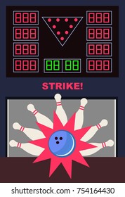 Vector illustration of modern bowling game - strike in flat design