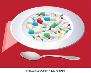 Vector illustration of the modern Breakfast, a plate full of pills and capsules, spoon