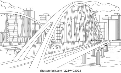 Vector illustration, modern bridge across the strait, book coloring