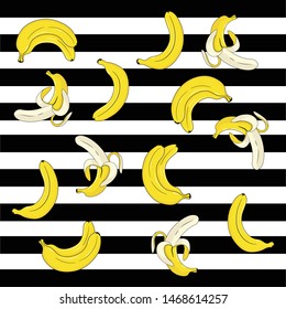 Vector illustration. Modern, bright cartoon pattern with ripe bananas. Black and white striped background. 