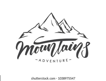 Vector illustration: Modern brush lettering of Mountains Adventure with Hand drawn Peaks of Mountains sketch 