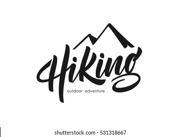 Vector illustration: Modern brush lettering of Hiking with silhouette of mountain.