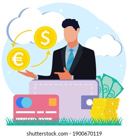 Ilustración vectorial del concepto de negocios moderno. Cambio de divisas, transacciones de dinero en línea, juego de iconos de la bolsa. Plataforma de banca abierta, metáfora del mercado de valores.