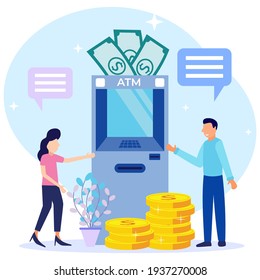 Vector illustration of modern business concept style. The character of the person makes money withdrawals at ATMs, manages investments in cards. Cash withdrawal from ATMs.