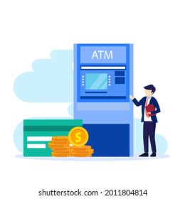 Vector illustration of modern business concept style. The character of the person makes money withdrawals at ATMs, Cash withdrawal from ATMs. Flat vector template Style Suitable for Web Landing Page.