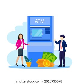 Vector illustration of modern business concept style. The character of the person makes money withdrawals at ATMs, Cash withdrawal from ATMs. Flat vector template Style Suitable for Web Landing Page.