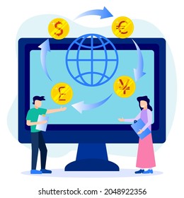 Vector illustration of modern business concept style. Currency exchange, online money transactions, stock trading icon set. Open banking platform, stock market metaphor.