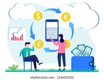 Vector illustration of modern business concept style. Currency exchange, online money transactions, stock trading icon set. Open banking platform, stock market metaphor.