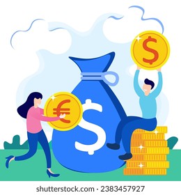 Ilustración vectorial del concepto de negocios moderno. Cambio de divisas, transacciones de dinero en línea, juego de iconos de la bolsa. Plataforma de banca abierta, metáfora del mercado de valores