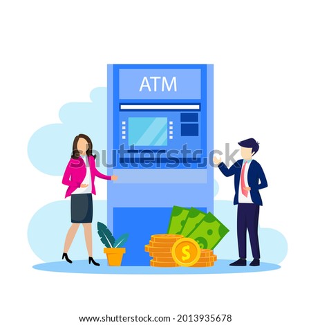 Vector illustration of modern business concept style. The character of the person makes money withdrawals at ATMs, Cash withdrawal from ATMs. Flat vector template Style Suitable for Web Landing Page.